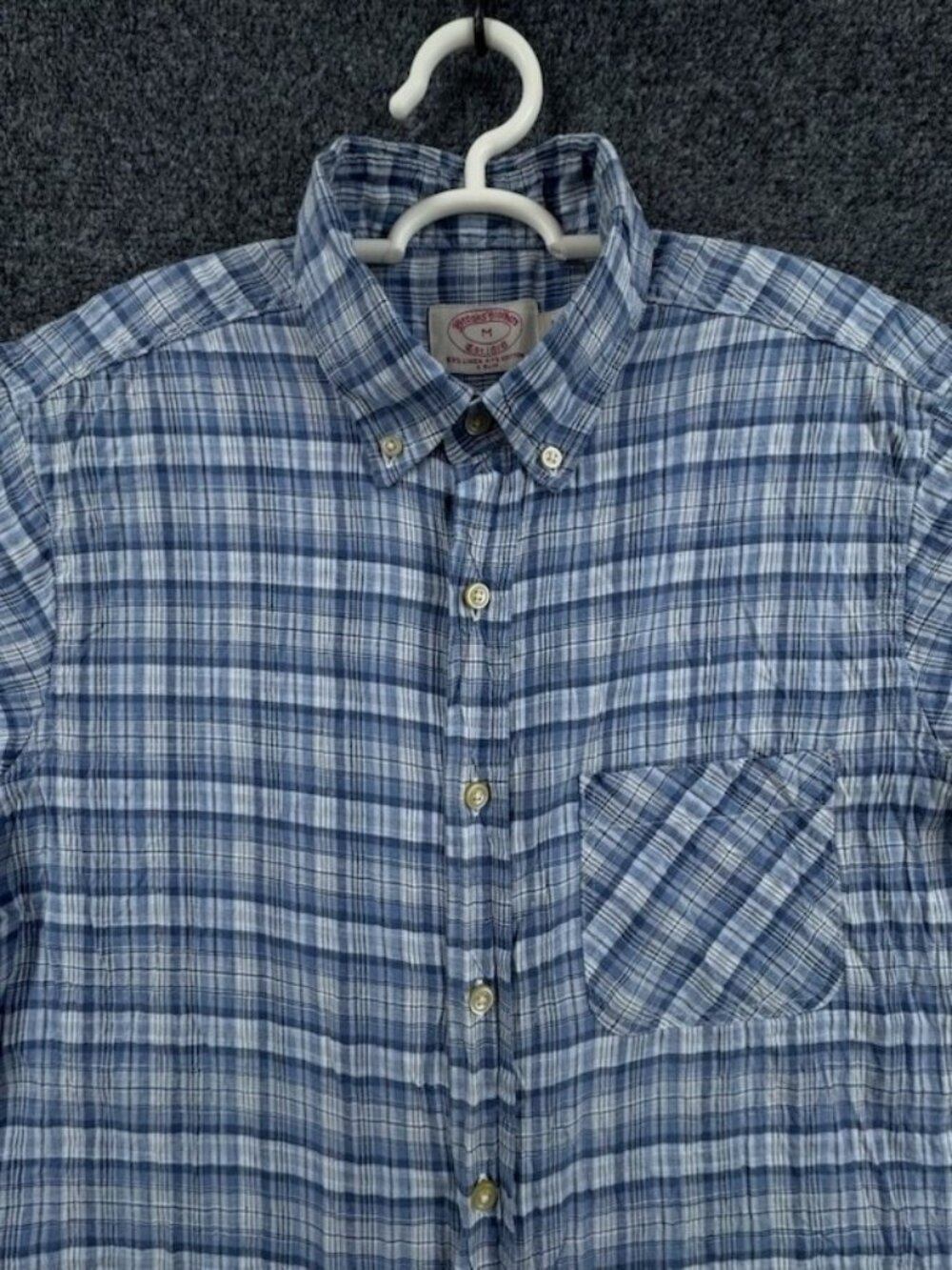 Brooks Brothers Button-Down Linen Cotton Slim Medium Plaid Short Sleeve Blue Men